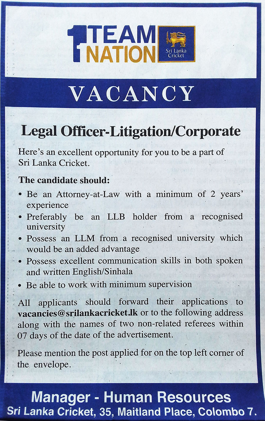 Legal Officer (Litigation / Corporate) - Sri Lanka Cricket